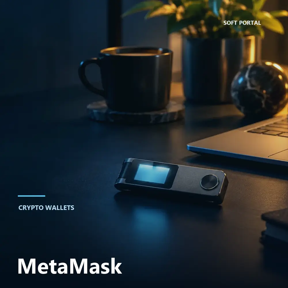 Editorial artwork for MetaMask in a software workspace