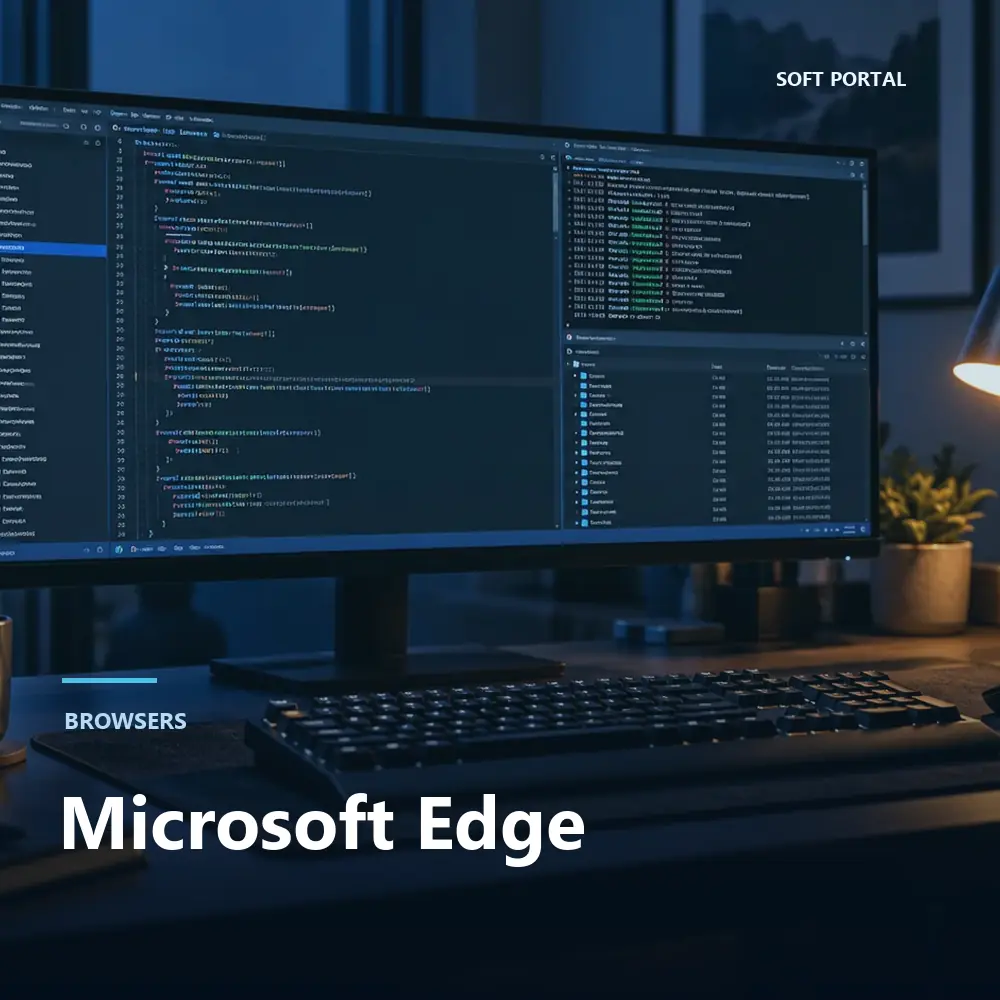 Editorial artwork for Microsoft Edge in a Windows workspace
