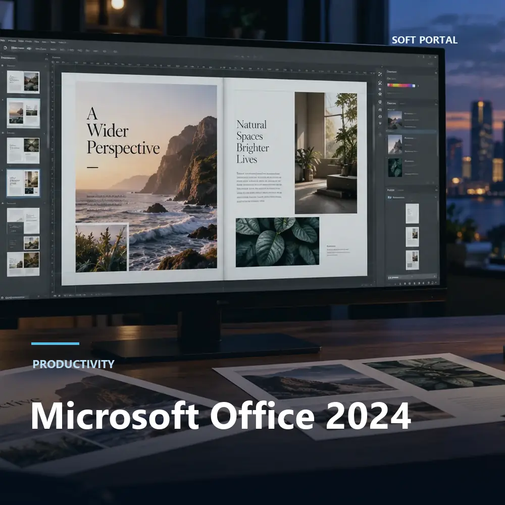 Editorial artwork for Microsoft Office 2024 in a Windows workspace