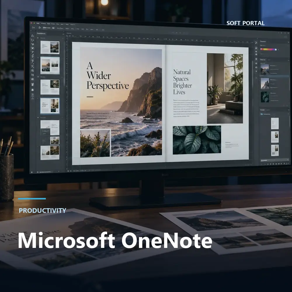 Editorial artwork for Microsoft OneNote in a Windows workspace
