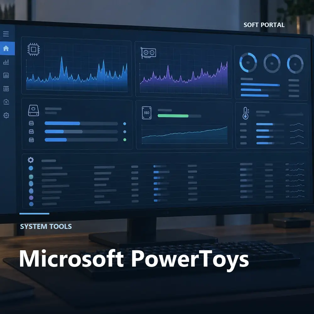 Editorial artwork for Microsoft PowerToys in a Windows workspace