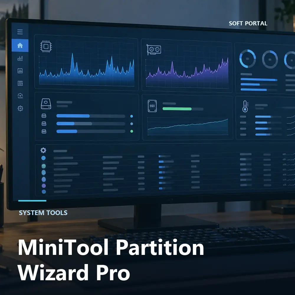 Editorial artwork for MiniTool Partition Wizard Pro in a Windows workspace
