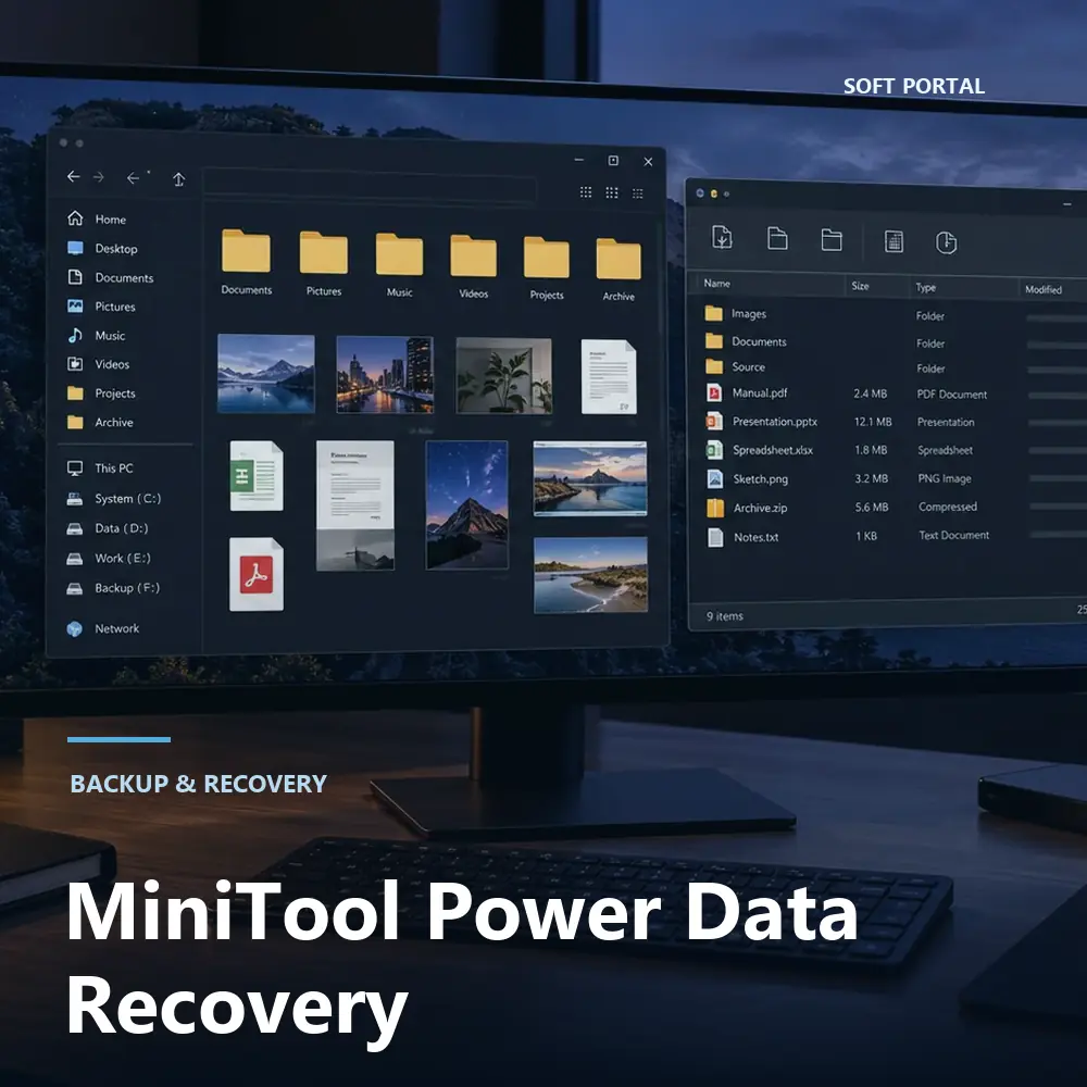 Editorial artwork for MiniTool Power Data Recovery in a Windows workspace