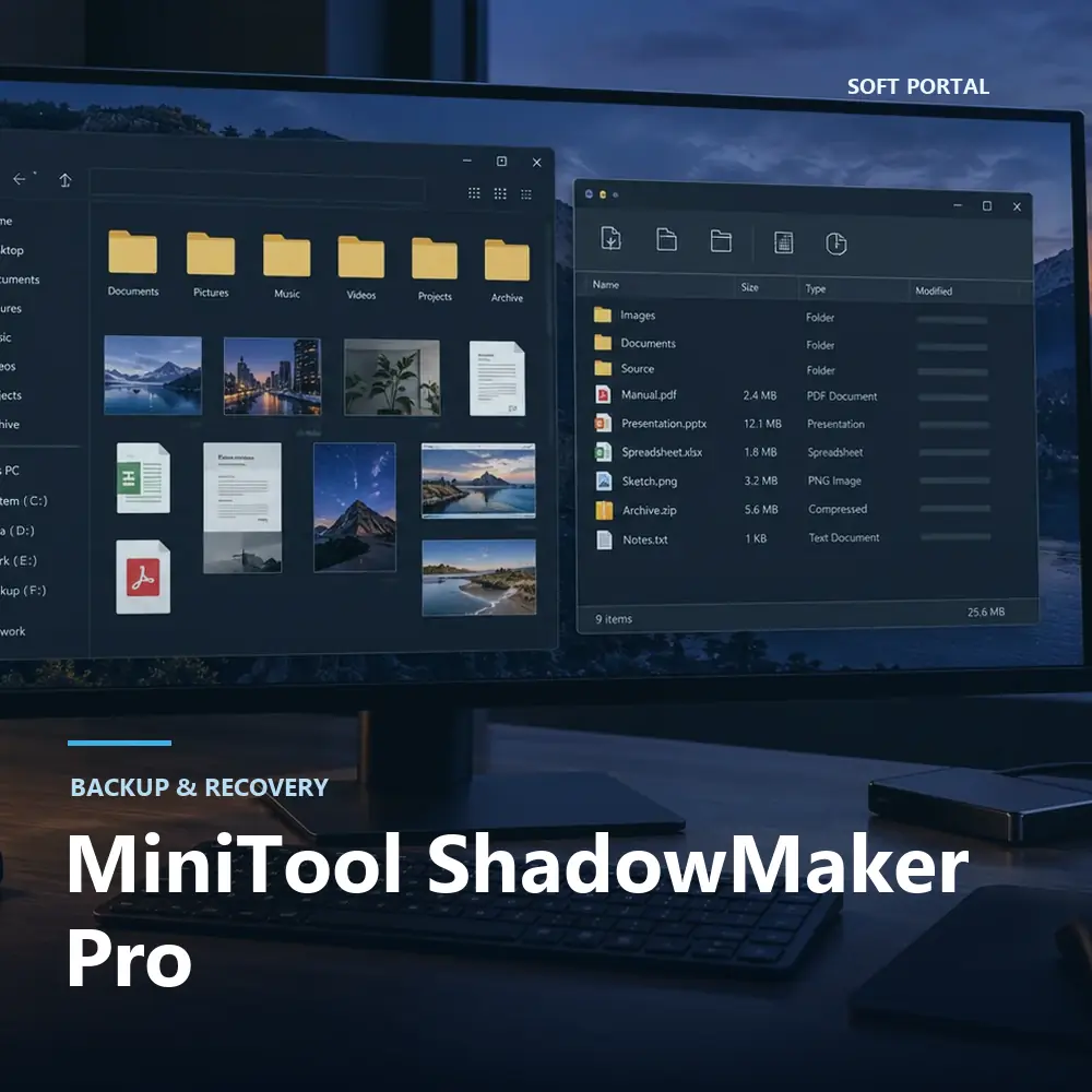 Editorial artwork for MiniTool ShadowMaker Pro in a Windows workspace