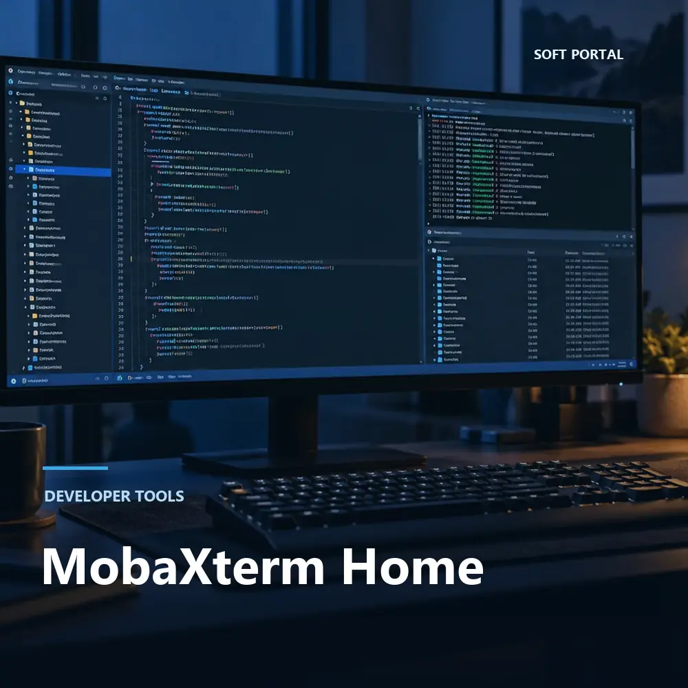 Editorial artwork for MobaXterm Home in a Windows workspace