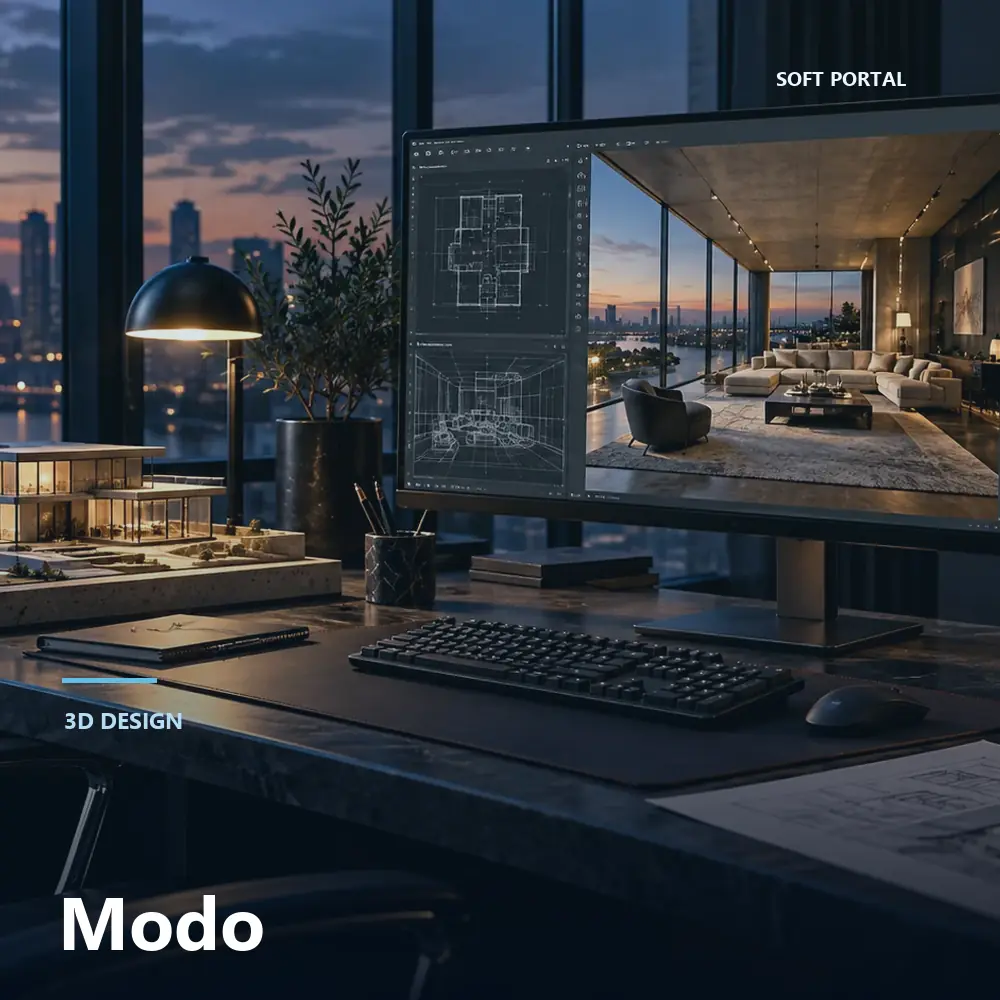 Editorial artwork for Modo in a Windows workspace