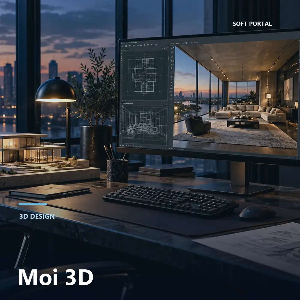 Editorial artwork for Moi 3D in a Windows workspace