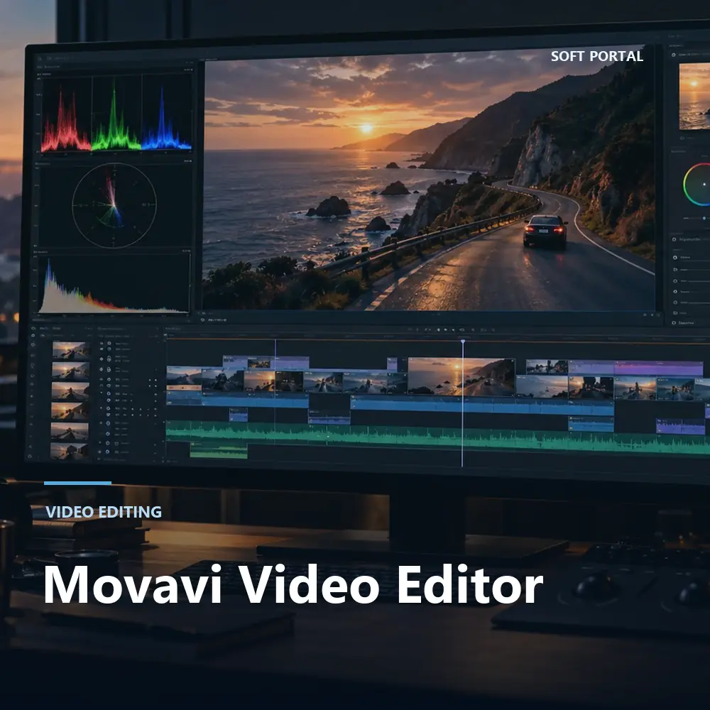 Editorial artwork for Movavi Video Editor in a Windows workspace