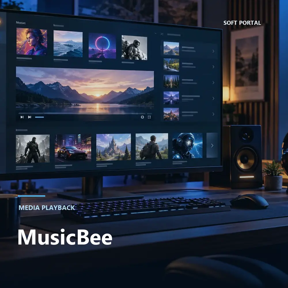 Editorial artwork for MusicBee in a Windows workspace