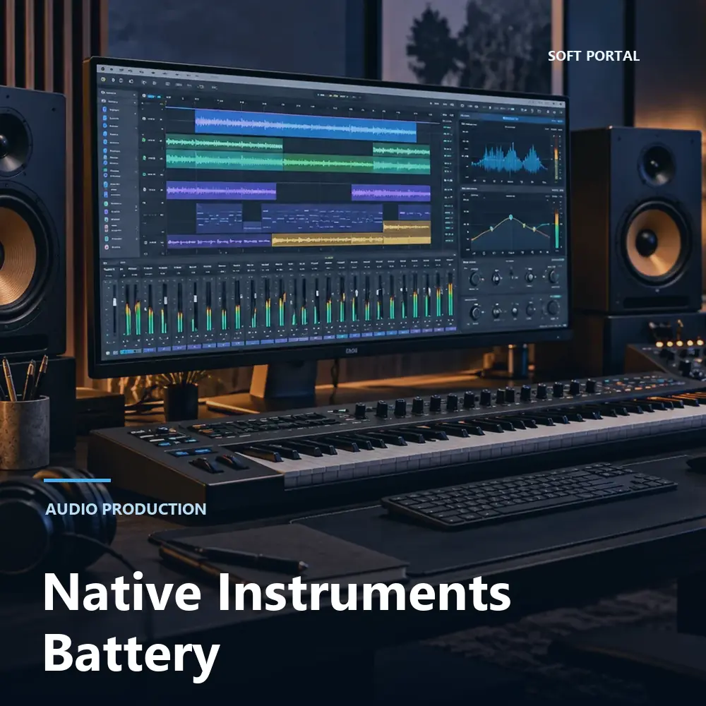Editorial artwork for Native Instruments Battery in a Windows workspace