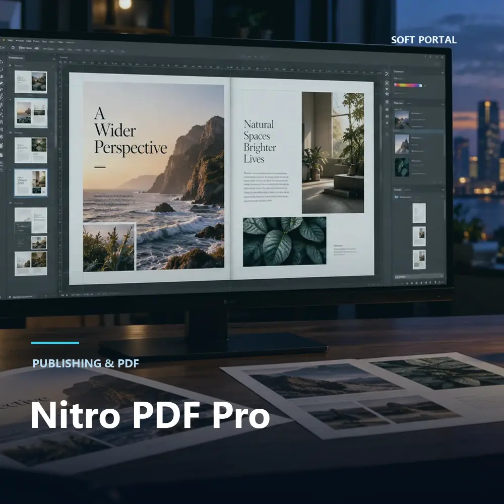 Editorial artwork for Nitro PDF Pro in a Windows workspace