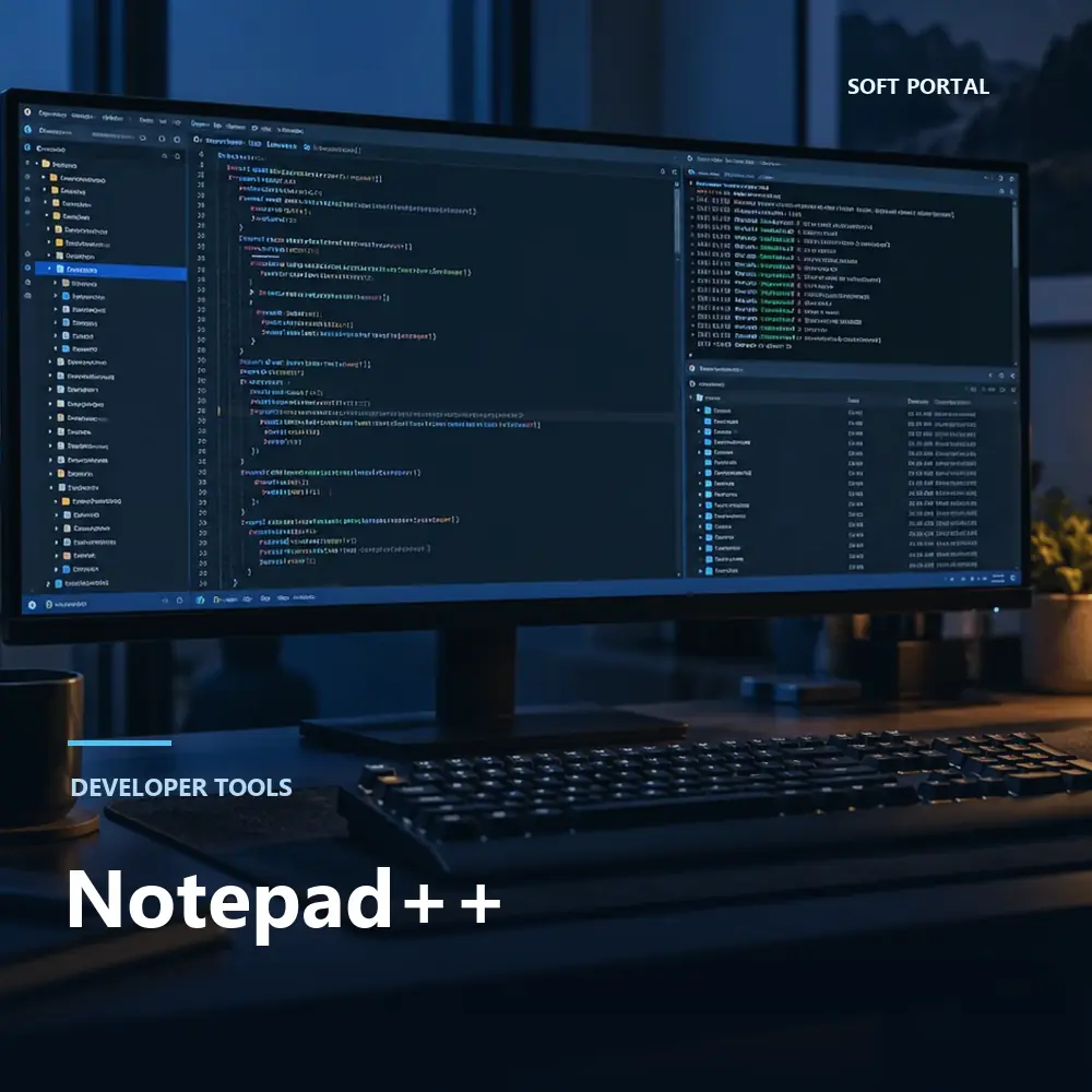 Editorial artwork for Notepad++ in a Windows workspace