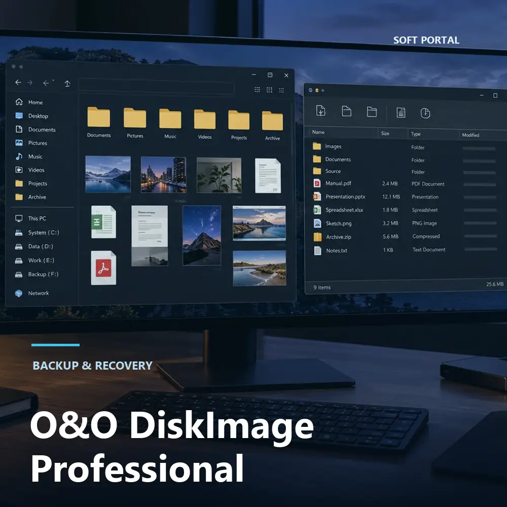 Editorial artwork for O&O DiskImage Professional in a Windows workspace