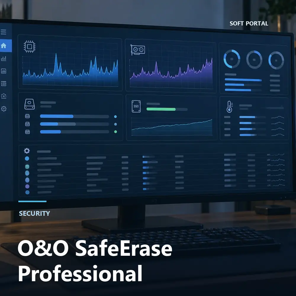 Editorial artwork for O&O SafeErase Professional in a Windows workspace