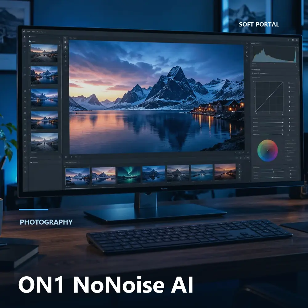 Editorial artwork for ON1 NoNoise AI in a Windows workspace