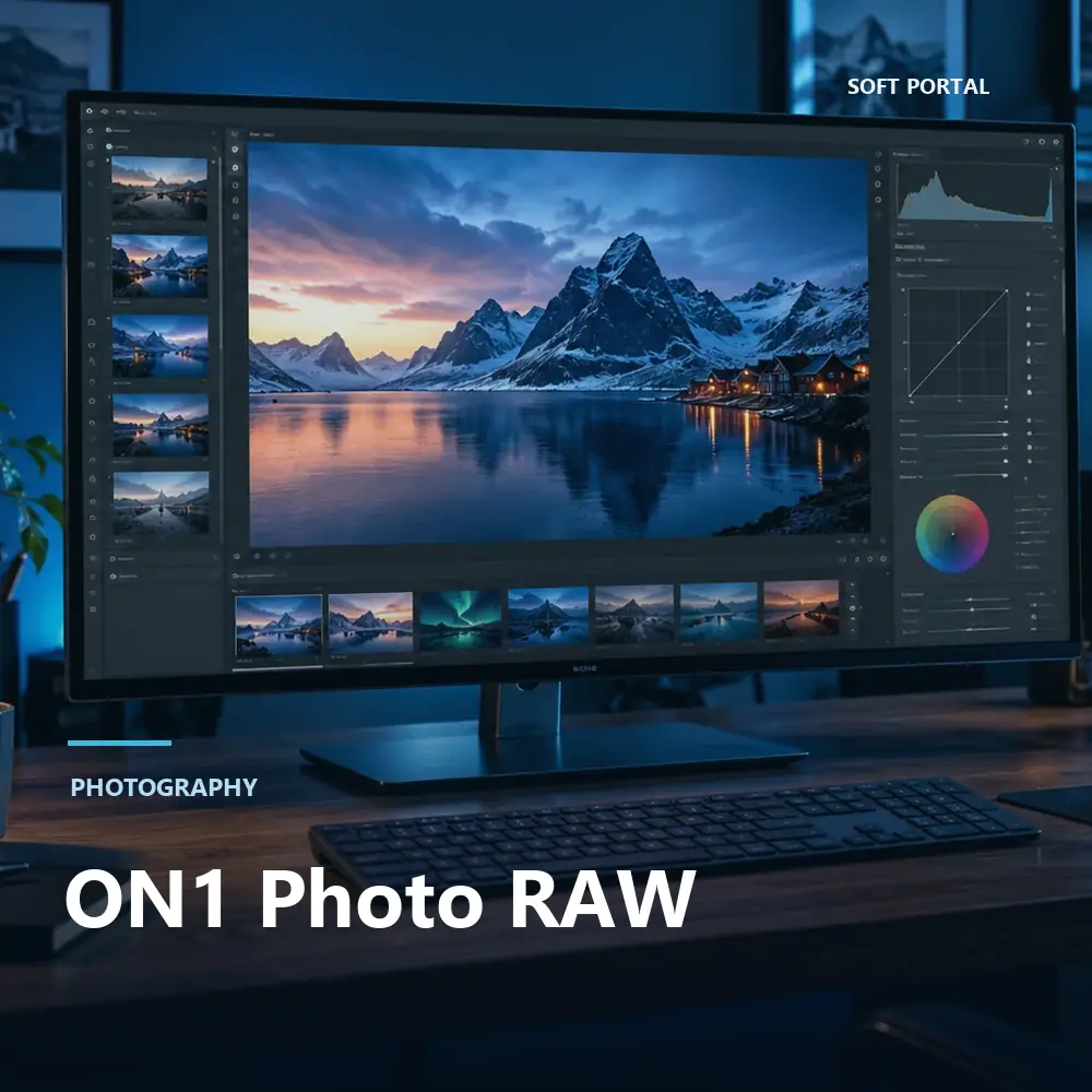 Editorial artwork for ON1 Photo RAW in a Windows workspace