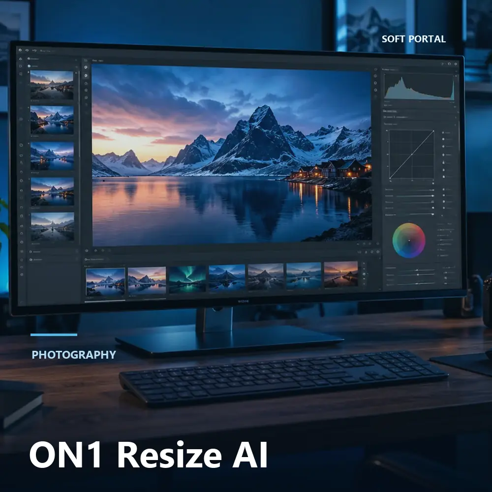 Editorial artwork for ON1 Resize AI in a Windows workspace