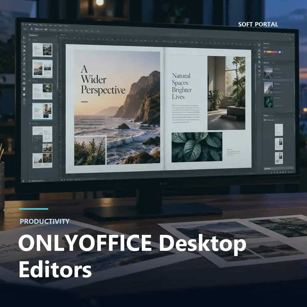 Editorial artwork for ONLYOFFICE Desktop Editors in a Windows workspace