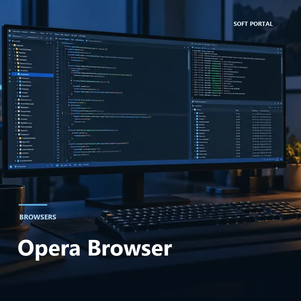 Editorial artwork for Opera Browser in a Windows workspace