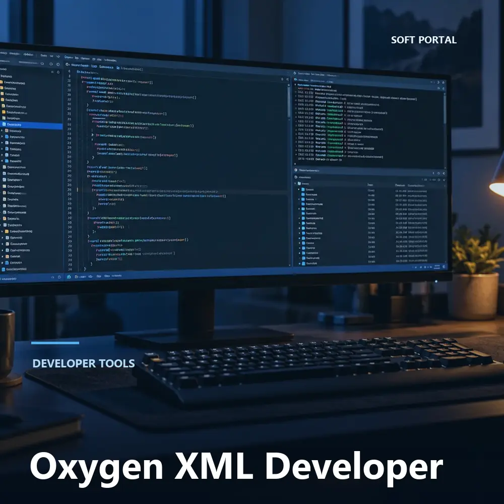 Editorial artwork for Oxygen XML Developer in a Windows workspace