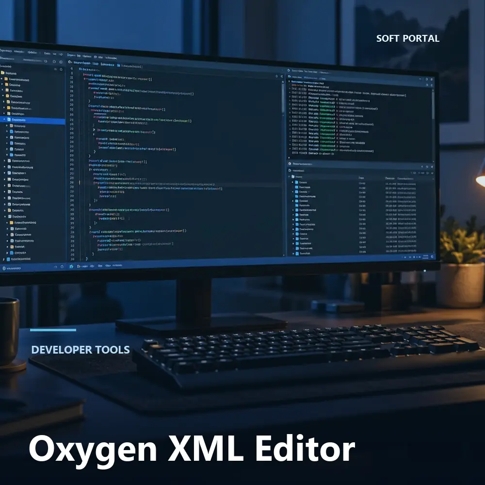 Editorial artwork for Oxygen XML Editor in a Windows workspace