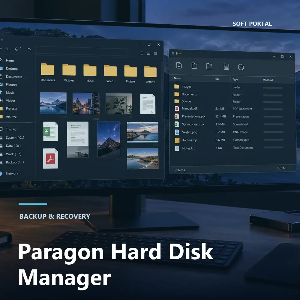 Editorial artwork for Paragon Hard Disk Manager in a Windows workspace