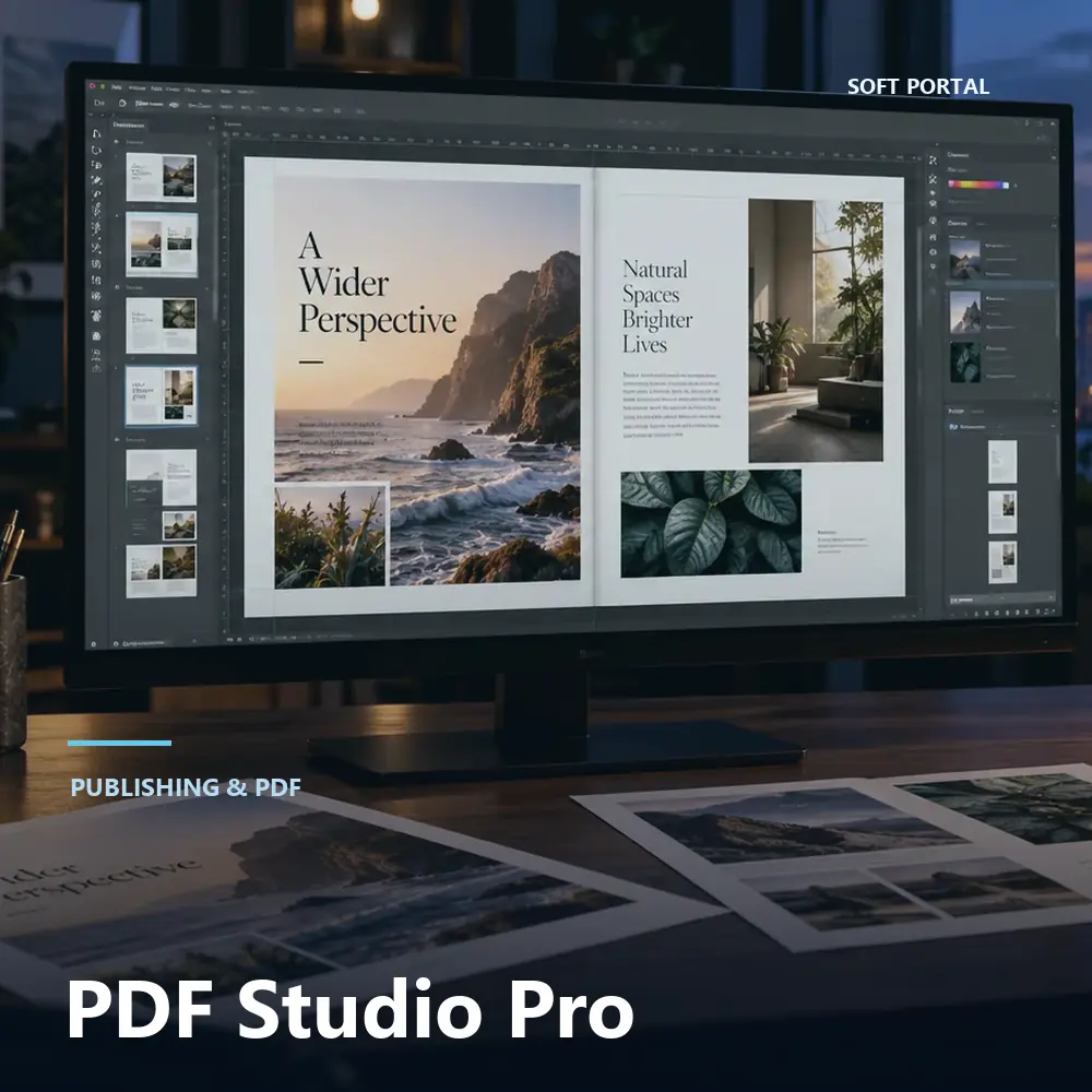 Editorial artwork for PDF Studio Pro in a Windows workspace