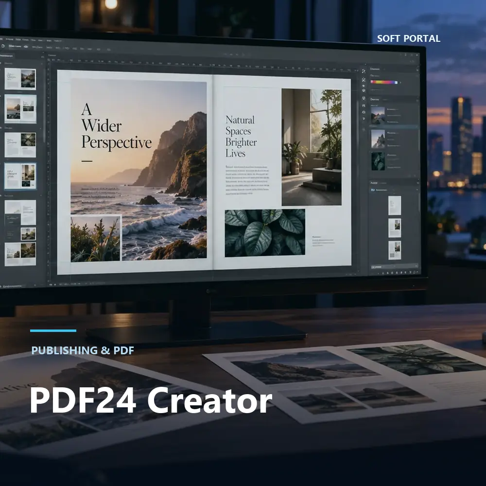 Editorial artwork for PDF24 Creator in a Windows workspace