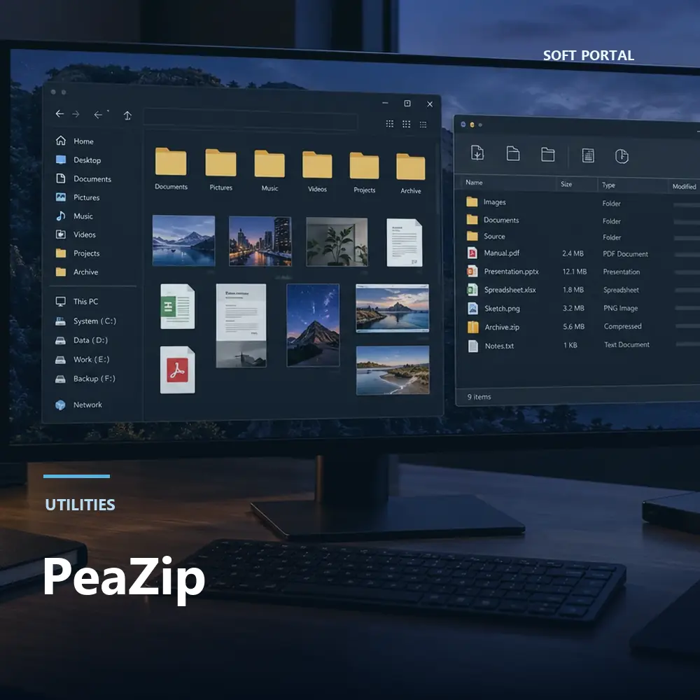 Editorial artwork for PeaZip in a Windows workspace