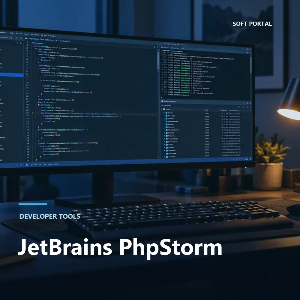 Editorial artwork for JetBrains PhpStorm in a Windows workspace