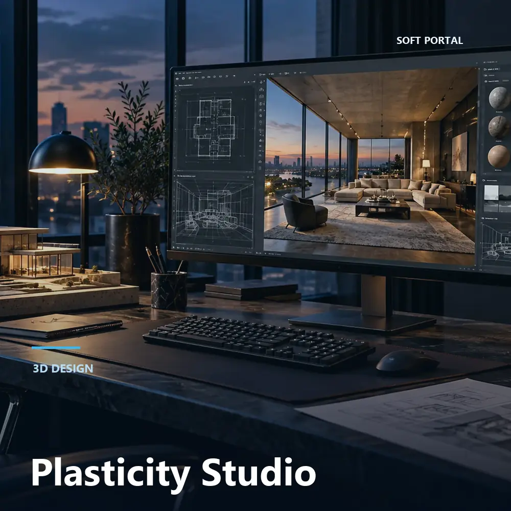 Editorial artwork for Plasticity Studio in a Windows workspace