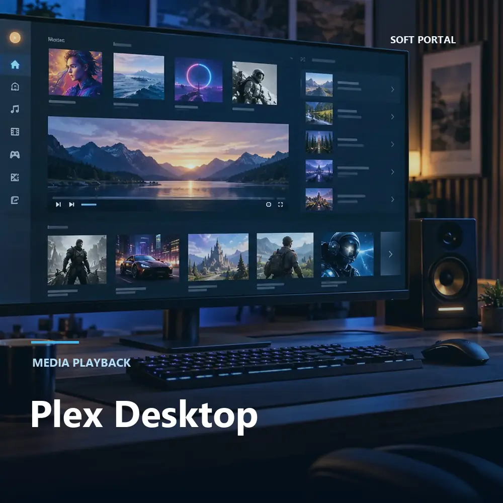 Editorial artwork for Plex Desktop in a Windows workspace