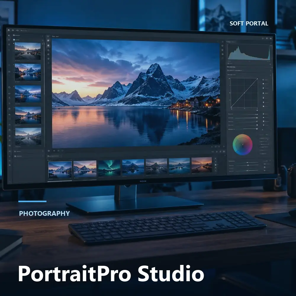 Editorial artwork for PortraitPro Studio in a Windows workspace