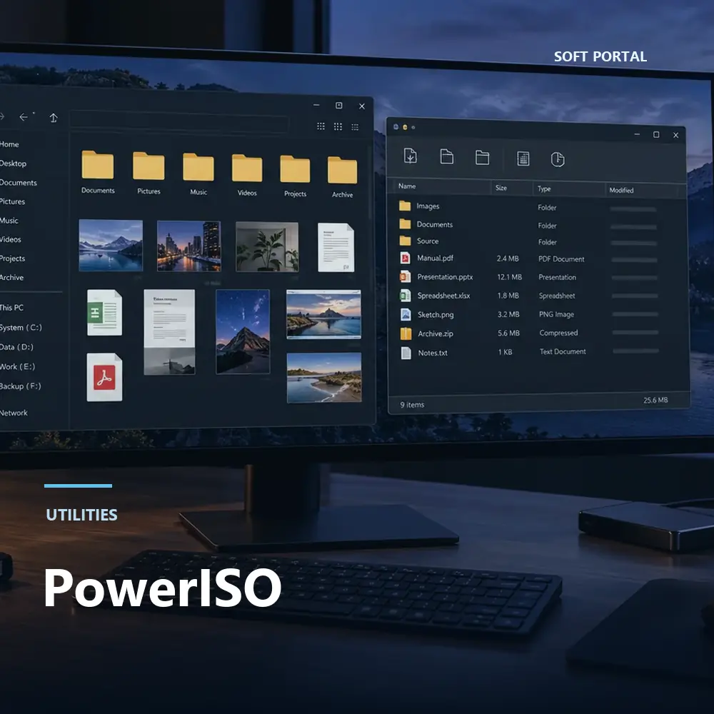 Editorial artwork for PowerISO in a Windows workspace