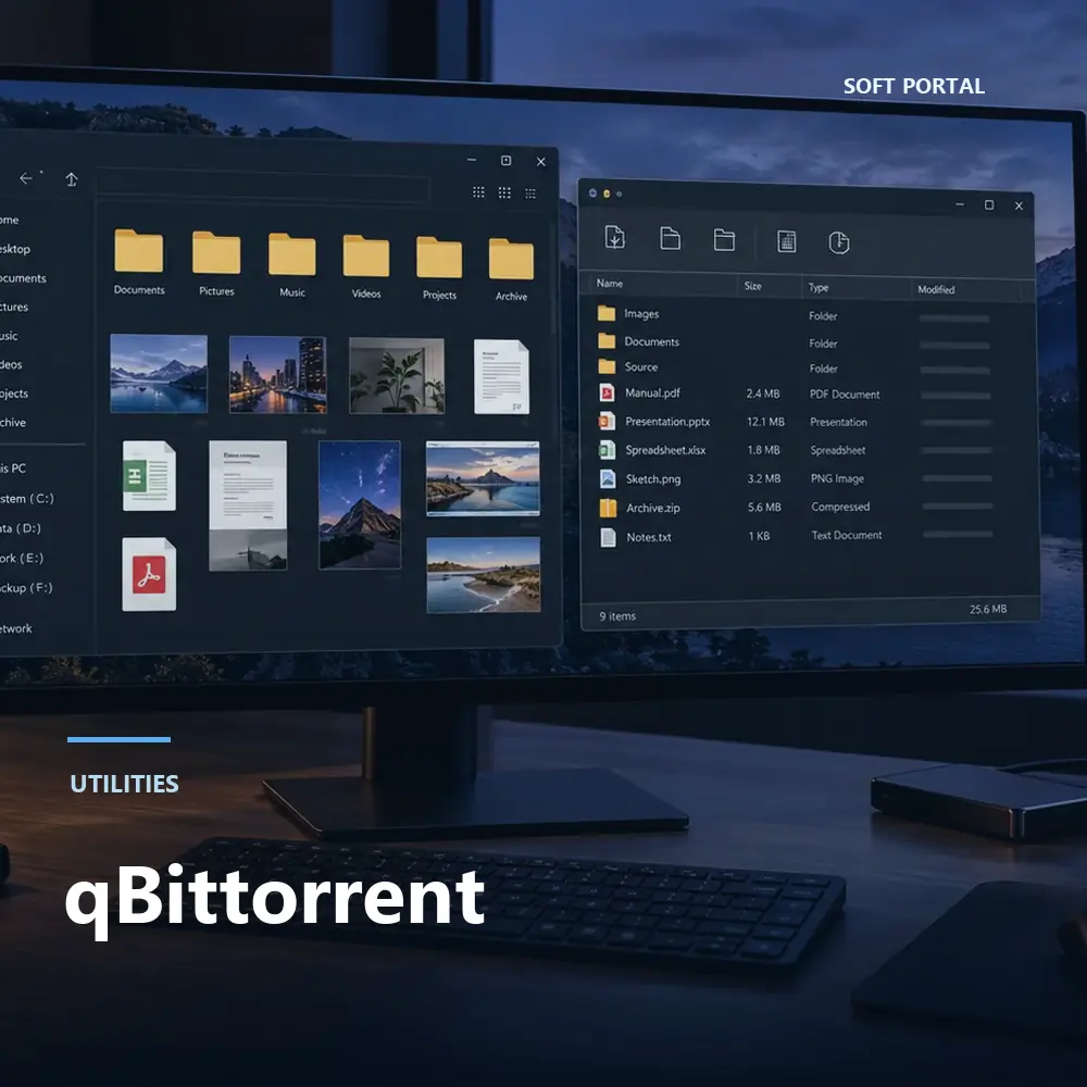 Editorial artwork for qBittorrent in a Windows workspace