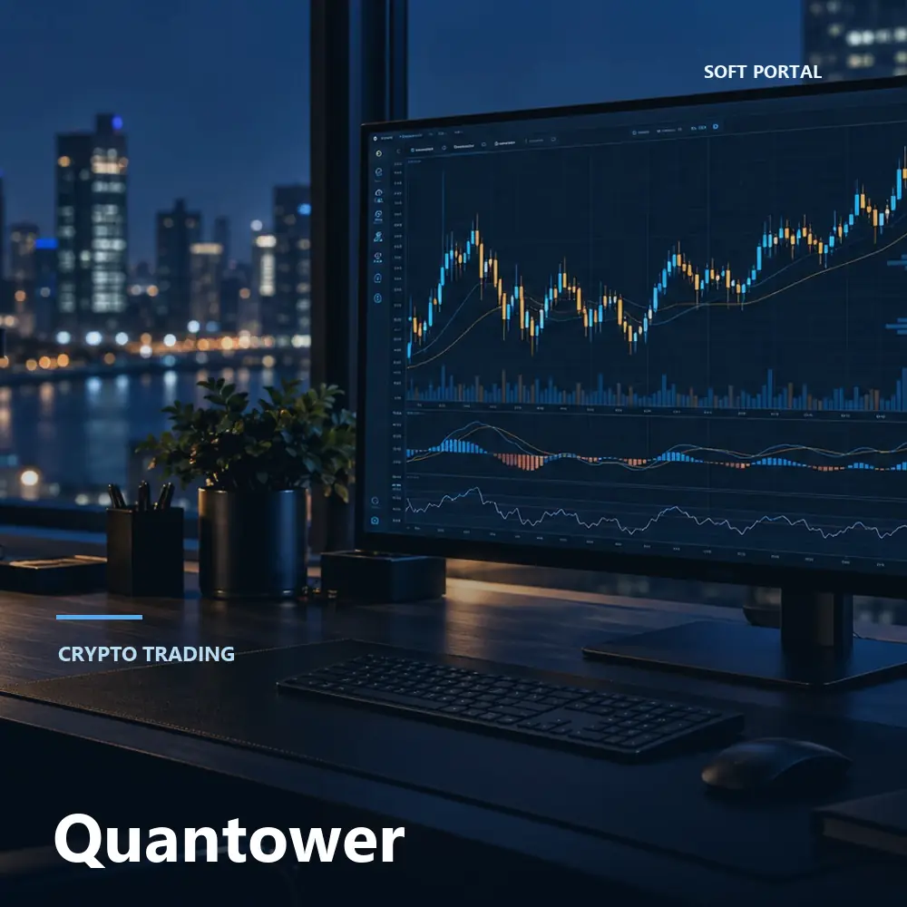 Editorial artwork for Quantower in a Windows workspace