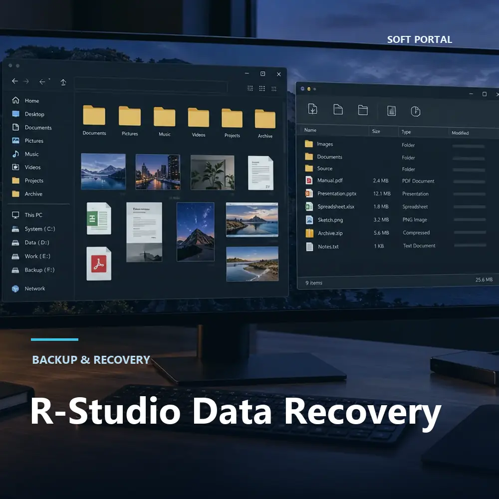 Editorial artwork for R-Studio Data Recovery in a Windows workspace