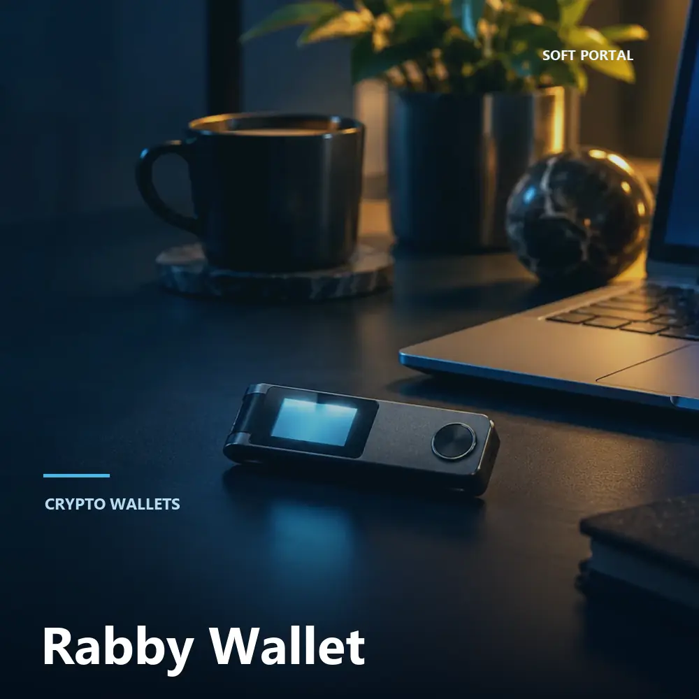 Editorial artwork for Rabby Wallet in a software workspace