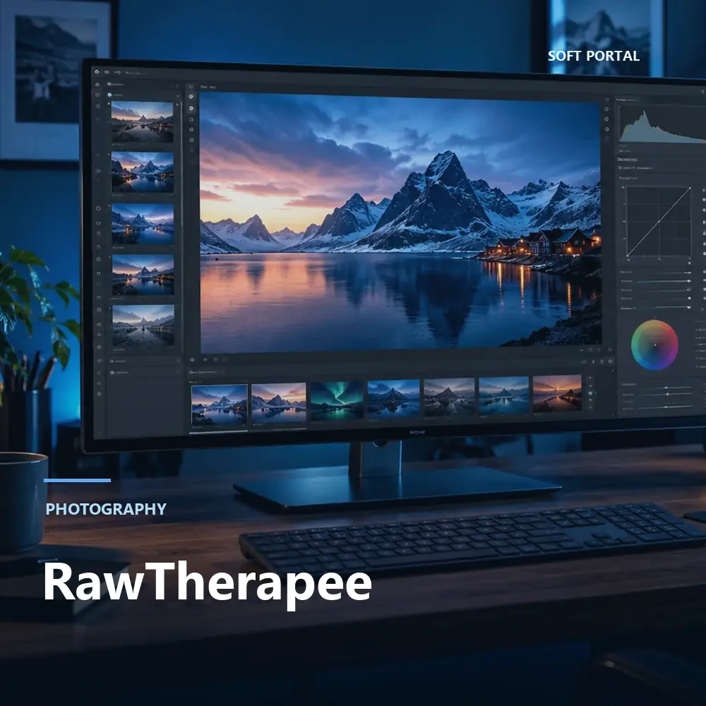 Editorial artwork for RawTherapee in a Windows workspace