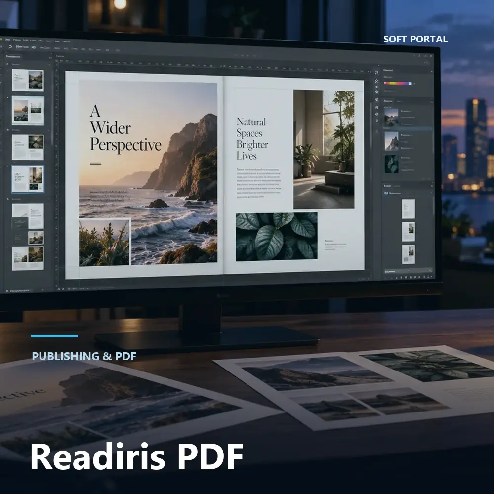 Editorial artwork for Readiris PDF in a Windows workspace