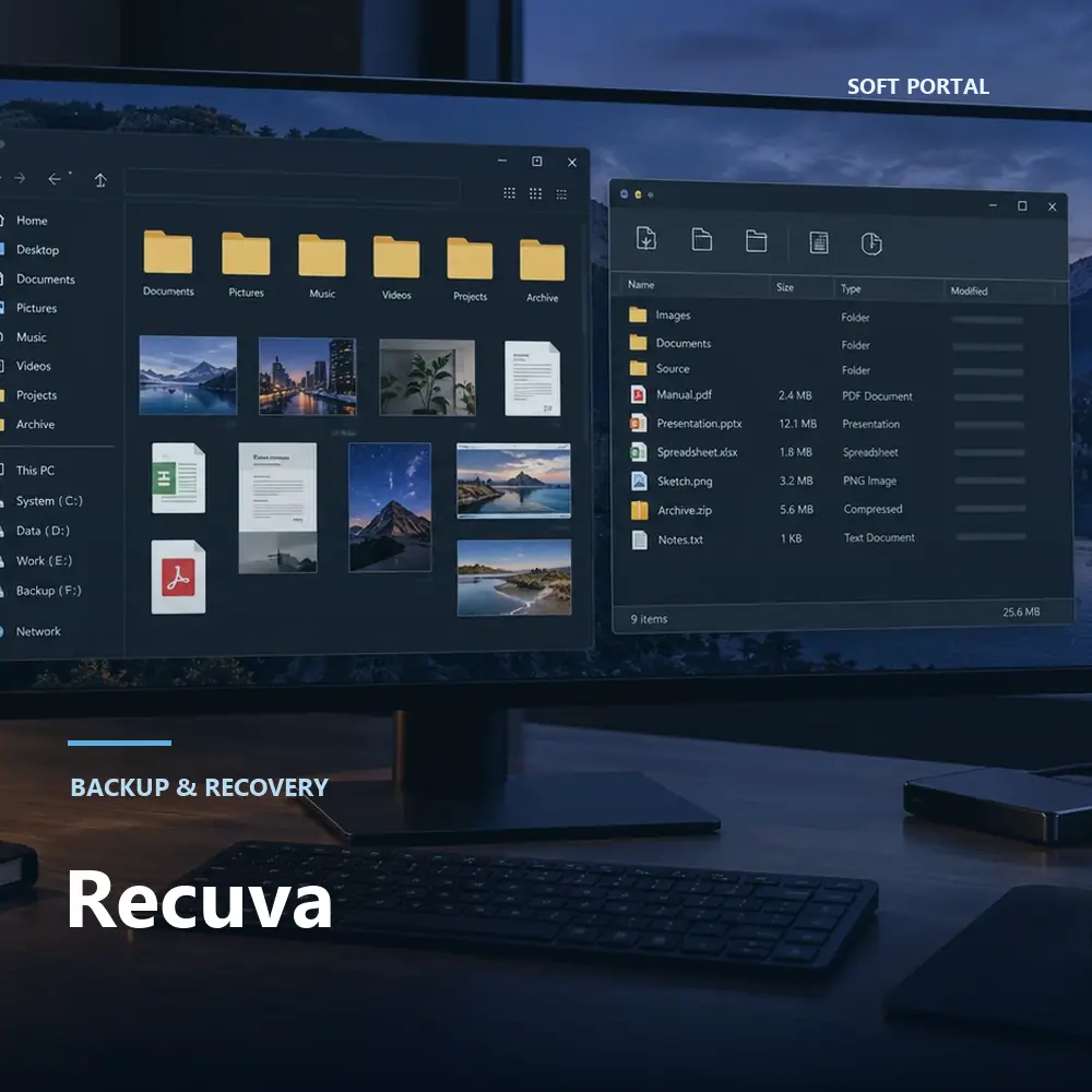 Editorial artwork for Recuva in a Windows workspace