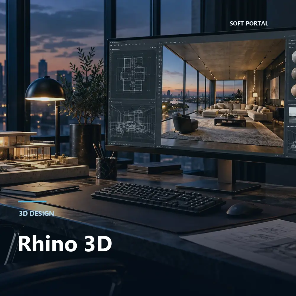 Editorial artwork for Rhino 3D in a Windows workspace
