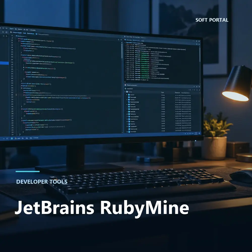 Editorial artwork for JetBrains RubyMine in a Windows workspace