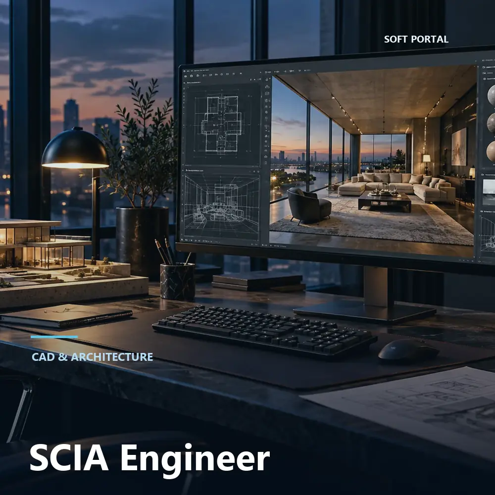 Editorial artwork for SCIA Engineer in a Windows workspace