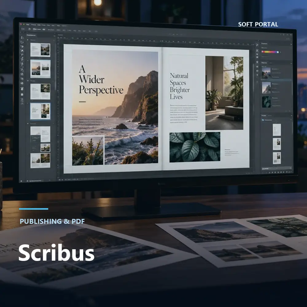 Editorial artwork for Scribus in a Windows workspace