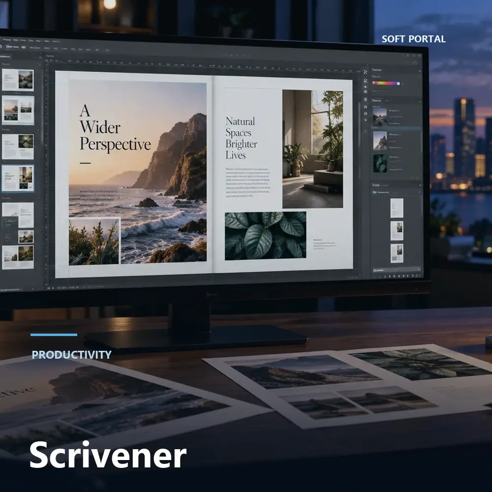 Editorial artwork for Scrivener in a Windows workspace