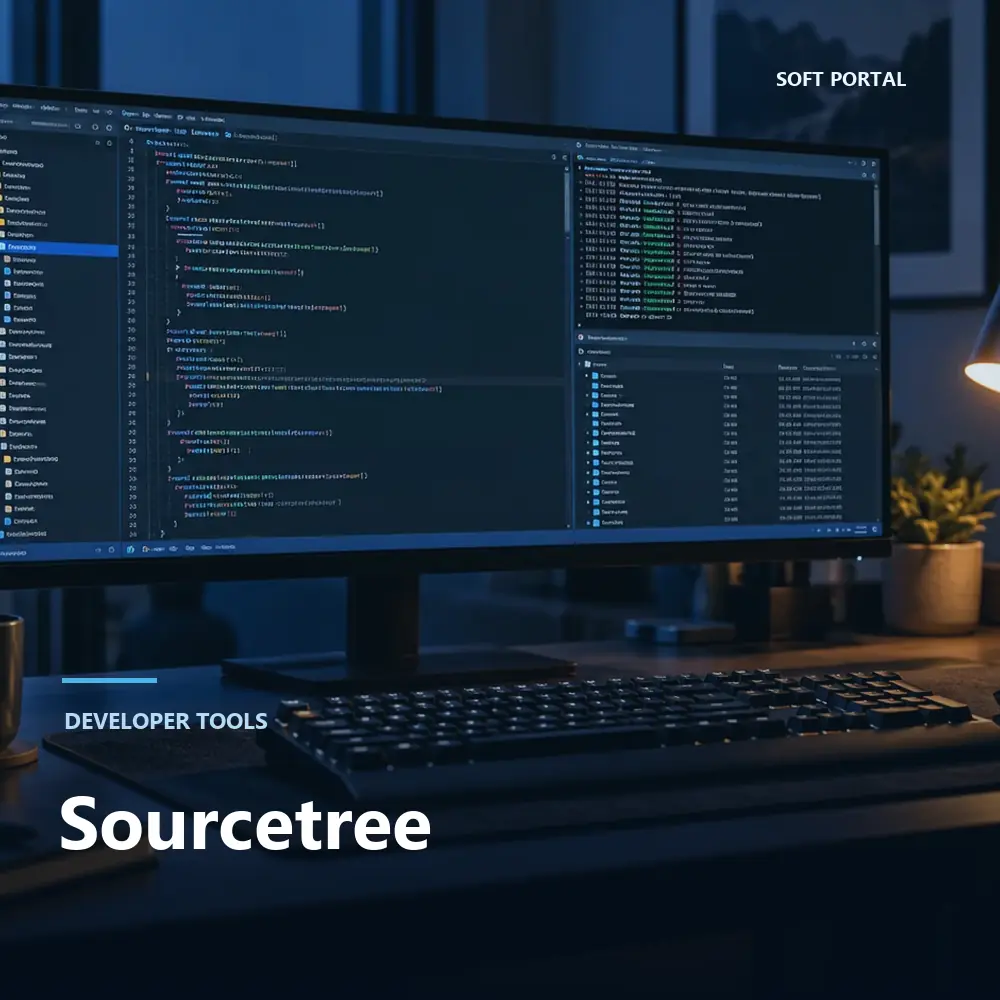 Editorial artwork for Sourcetree in a Windows workspace