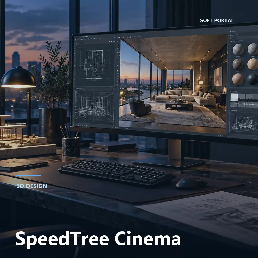 Editorial artwork for SpeedTree Cinema in a Windows workspace
