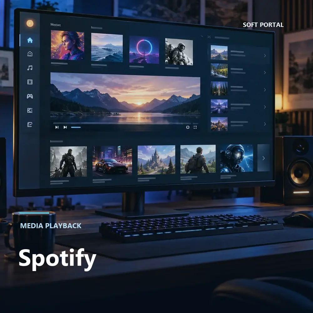 Editorial artwork for Spotify in a Windows workspace