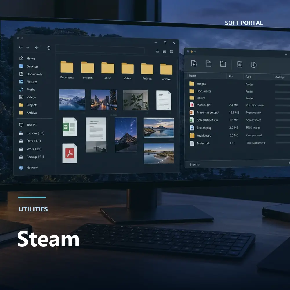 Editorial artwork for Steam in a Windows workspace
